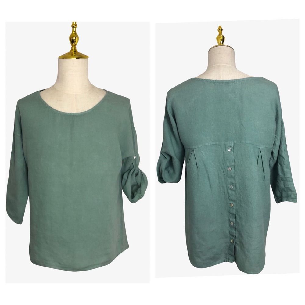 Terzo Millennio Small Linen Italy Blouse Tunic Top Long Sleeve Buttons Roll Up